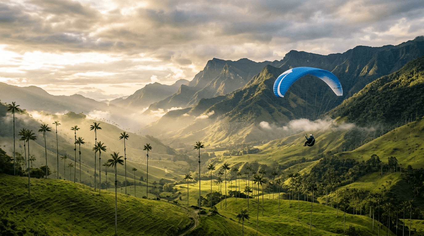 Paraglider soaring over mountains